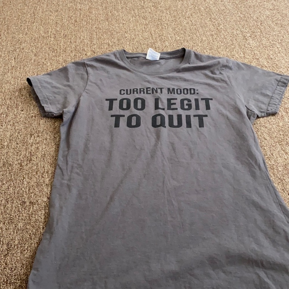 Grey T-shirt in small with black lettering